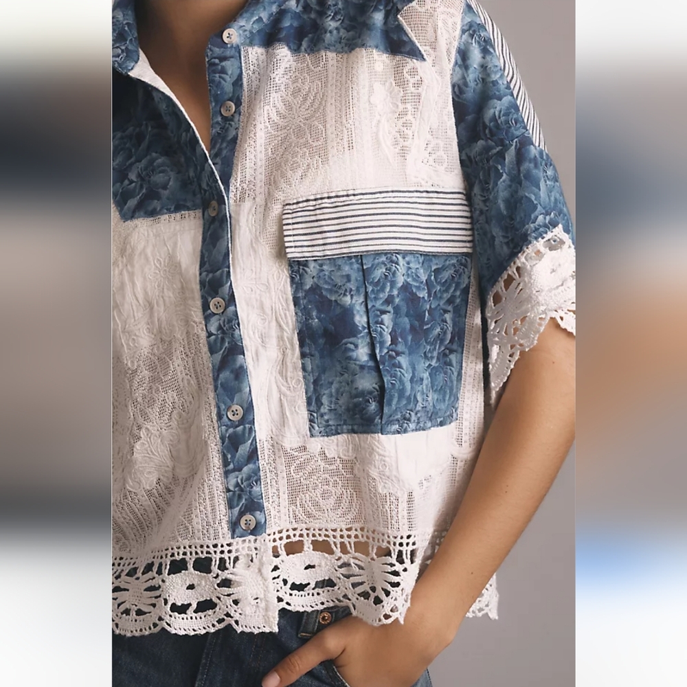 Blue & White Lace Panel Button-Up Shirt - Women - Picture 2 of 8